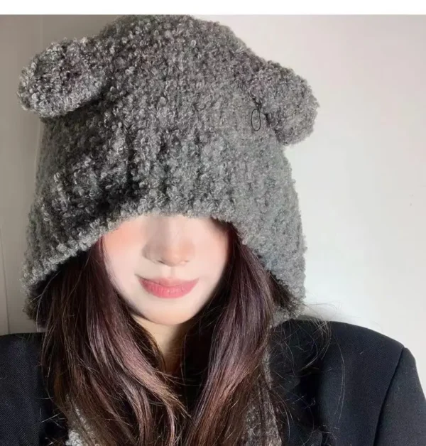 Winter Plush Beanies Cute Bear Ear Wool Hat Warm Lace-up Ear Protection Knitted Bomber Cap Bonnets Knitting Korea Women Gorros - Image 4