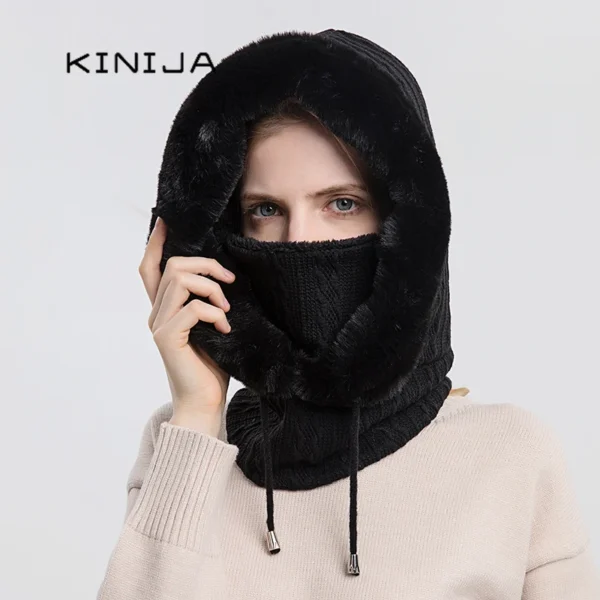 Winter Fur Cap Mask Set Hooded for Women Knitted Cashmere Neck Warm Balaclava Ski Windproof Hat Thick Plush Fluffy Beanies hood - Image 4