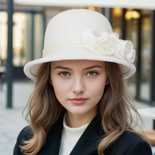 Autumn and winter new woolen top hat, women's British Hepburn style fisherman hat, rose flower elegant and fashionable versatile - Image 5