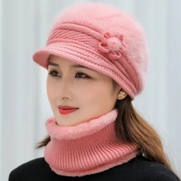 New Women Winter Hat Keep Warm Cap Add Fur Lined Hat & Scarf Warm Set Fashion Hat For Women Casual Faux Fur Flower Knitted Hat - Image 5