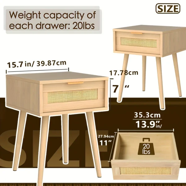 Bedroom bedside table (2-piece set) Wooden bedside table with wicker woven drawers, household bedside table, suitable for bedroo