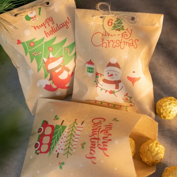 24Sets Merry Christmas Gift Bags Retro Santa Claus Fox Kraft Paper Bags with Stickers Xmas Party Favor Bags DIY Advent Calendar - Image 4