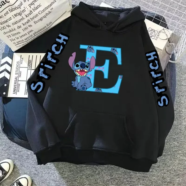 2024 Women's Winter Jacket Cute Kawaii Disney Lilo & Stitch Lucky Letter Print Black Hoodie Fashion Couple Streetwear Sportswear - Image 6