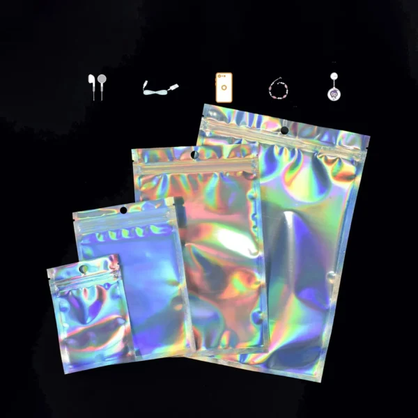 50pcsThick Smell Proof Mylar Bags Holographic Laser Color Plastic Packaging Pouch Jewelry Retail Storage Pouch Gift Zip Lock Bag - Image 4