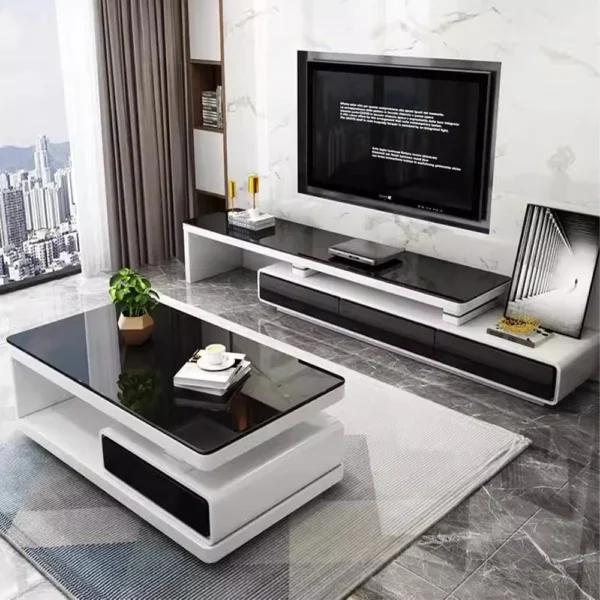 MINGDIBAO Modern  Shiny White / Black TV Stand & Smart Coffee Table, TV Cabinet & Center Table for Living Room Home Furniture