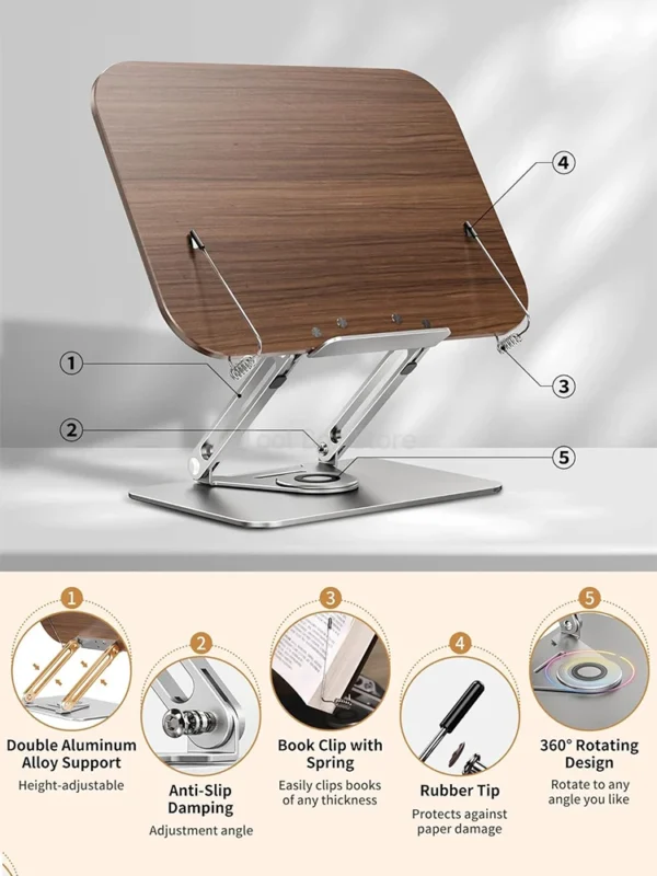 Wood Reading Stand Adjustable Desktop Bookshelf Walnut Reading Desk with Rotating Base Foldable Tablet Stand Office Furniture