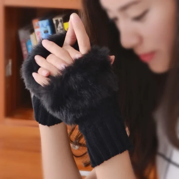 Women Autumn Winter Keep Warm Plush Knitted Woolen Splicing Half Finger Gloves Cute Lovely Sweety Smooth Soft Writing Drive - Image 6