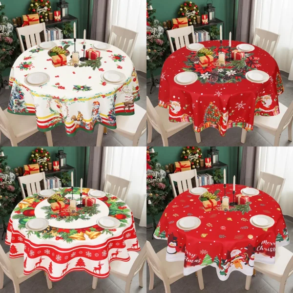 Christmas Polyester Round Tablecloth 2024 Merry Christmas Decoration For Home Xmas Gift Navidad New Year Dining Table Cover - Image 2