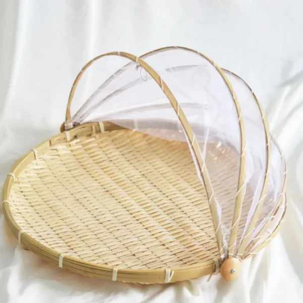 Bamboo Woven Basket Anti-Mosquito Net Fruit Vegetable Basket Dustpan Tent Basket Tray Portable Outdoor Picnic Mesh Net Cover - Image 4