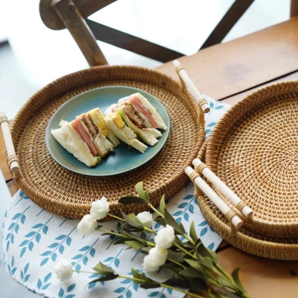 Rattan Tray Round Storage Basket Tray With Wooden Handle Bread Fruit Cake Food Plate Serving Tray for Home kitchen - Image 3