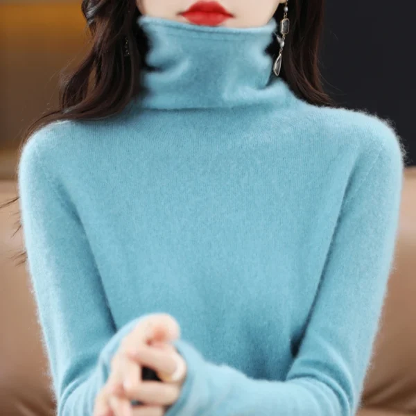 100% Merino Wool Turtleneck Pullover Knitwear Women's New Autumn And Winter Warm Sweater Women's Solid Color Pile Neck Sweater - Image 2