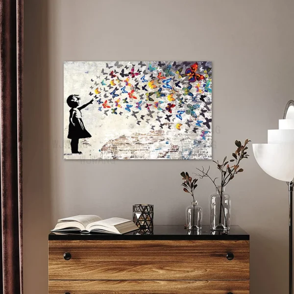 Banksy Street Graffiti Art Canvas Painting Girls Butterfly Posters and Prints Wall Art Pictures for Living Room Home Decoration - Image 2