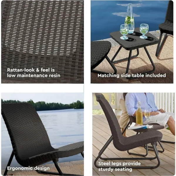 3 Piece Resin Wicker Patio Furniture Set with Side Table and Outdoor Chairs, Dark Grey - Image 5