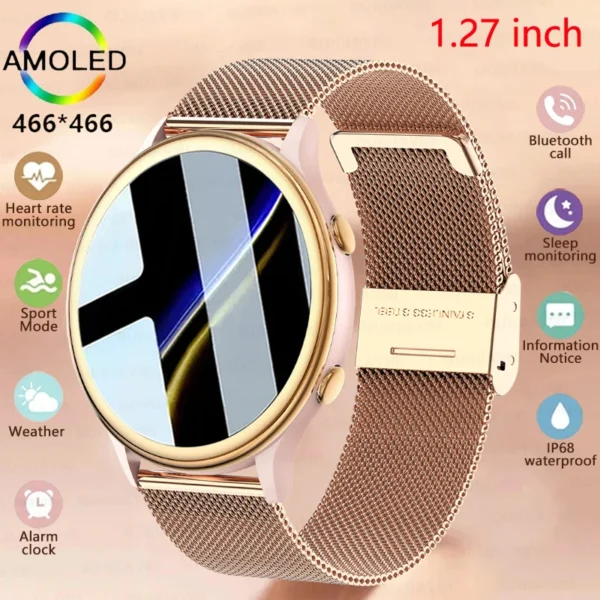 1.27 Inch Bluetooth Call Smart Watch Women AMOLED HD Screen Health Monitor Sport Fitness IP68 Waterproof Smartwatch Ladies 2024