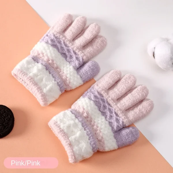 Autumn and Winter Children's Warm Gloves 3-8 Year Old Boys and Girls Thickened Striped Knitted Full Finger Gloves - Image 5