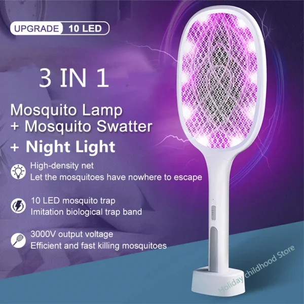 10LED Trap Mosquito Killer Lamp Electric Flies Swatter USB Rechargeable Summer Mosquito Trap Racket Anti Insect Bug Zapper 3000V