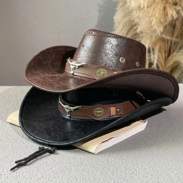 Western Cowboy Hat Ox Head Belt Rivet Fedora Hat for Men Women Outdoor Travel Wide Brim Sun Hat Faux Leather Panama Cowgirl Hat