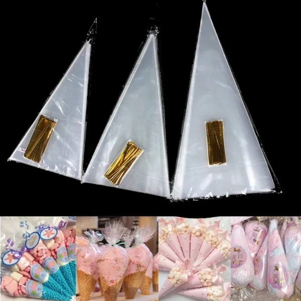 50pcs/lot Clear Cone Candy Storage Bags Cones Transprant Plastic Bag Popcorn Candy Bags For Baby Shower Wedding Party Favors Bag