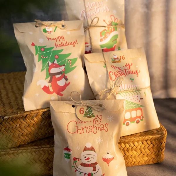 24Sets Merry Christmas Gift Bags Retro Santa Claus Fox Kraft Paper Bags with Stickers Xmas Party Favor Bags DIY Advent Calendar