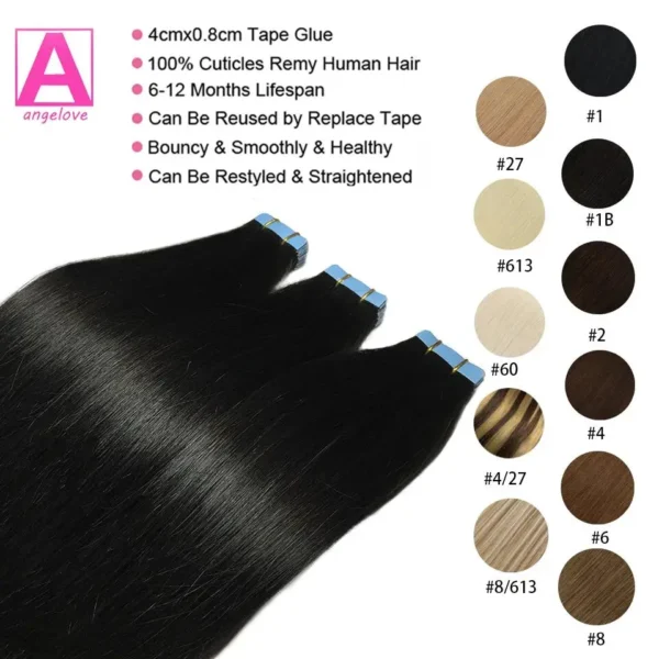 Straight Tape In Human Hair Extensions Natural Hair Extensions 1B 100% Remy Skin Weft  Adhesive Glue On For Salon High Quality