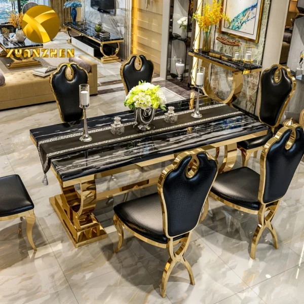 Foshan Furniture Marble Dining Table Set Restaurant Gold Metal Luxury Dining Table With 6 Chairs For Sale DT004 - Image 2