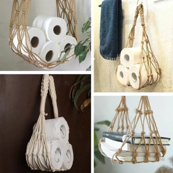 Mesh Rope Toilet Paper Holder Hand-woven Pocket Bohemian Style Storage Bag Wall-mounted Magazine Book Tissue Holder Home